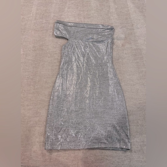 H:Ours Asymmetrical One-Shoulder Mini Dress - Silver Metallic, Size S - Picture 1 of 5